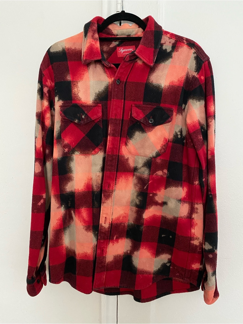 Supreme Red, Black & Cream Bleach-Effect Plaid Flannel Shirt